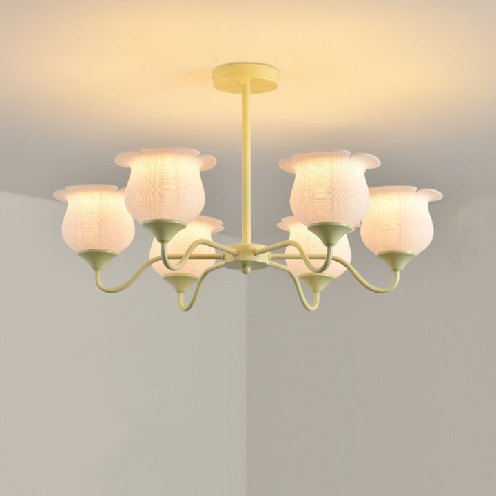 Moderner Art-Deco-Kronleuchter mit Eisenrahmen und PLA-Glocken-Orchideen-Blumenschirm, 3/5/6 Lichter, für Wohnzimmer 