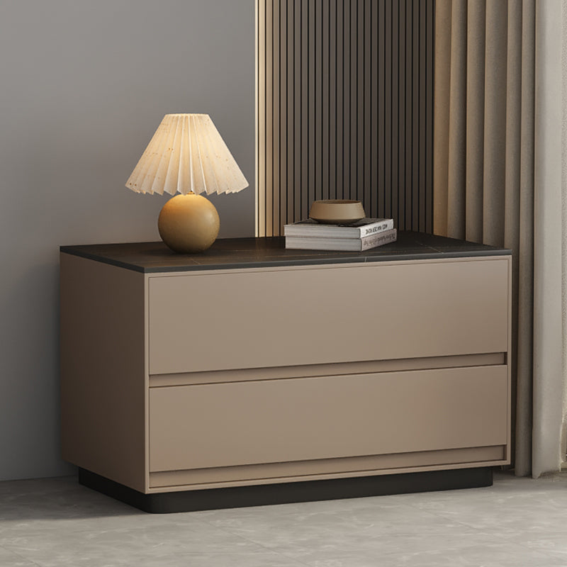 Table de nuit moderne minimaliste rectangulaire en bois massif avec dalle de pierre à 2 tiroirs pour chambre 
