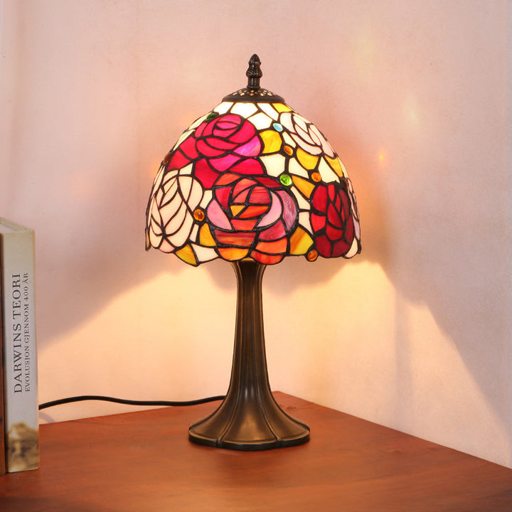 Lampe de table à 1 lumière en verre teinté fer traditionnel Tiffany Dome pour chambre 