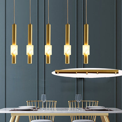 Lustre LED contemporain de luxe en cuivre à bande longue avec abat-jour en marbre pour salon 