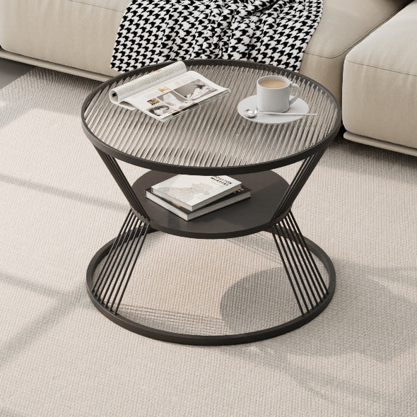 Mesa de café moderna minimalista redonda en forma de reloj de arena de vidrio y hierro de 2 niveles para sala de estar 