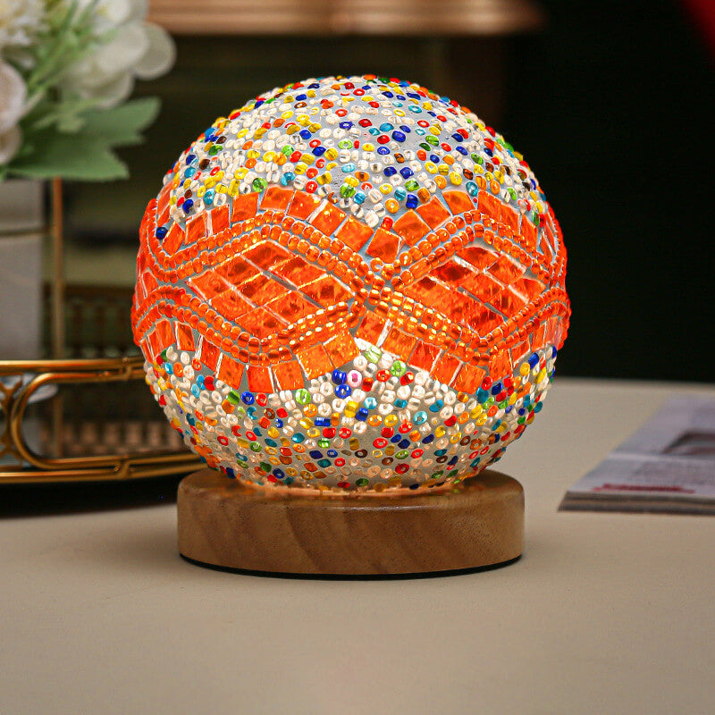 Zeitgenössische Boho Orb Holz Glas USB LED Tischlampe für Schlafzimmer 
