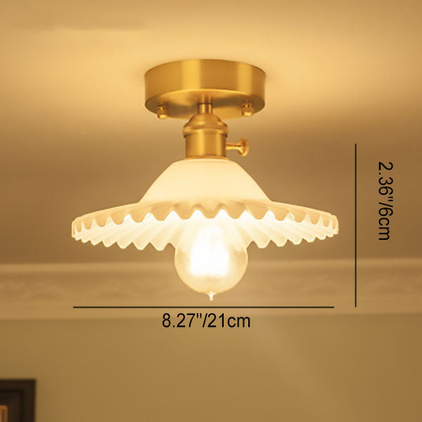 Traditional Vintage Round Ripple Brass Glass 1-Light Semi-Flush Mount Ceiling Light For Living Room