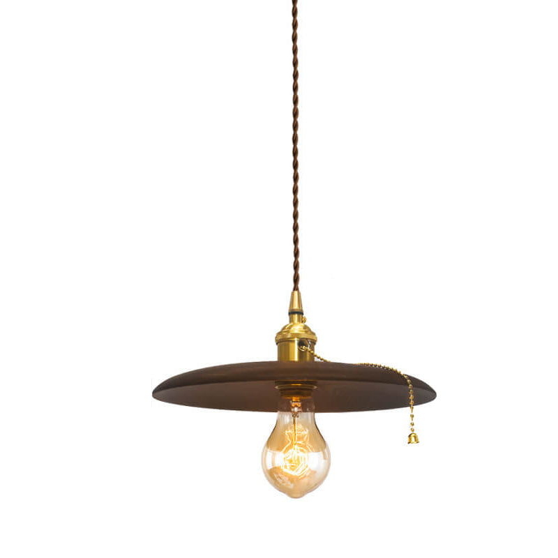 Contemporary Retro Ash Wood Copper Round Dish Irregular Grain 1-Light Pendant Light For Dining Room