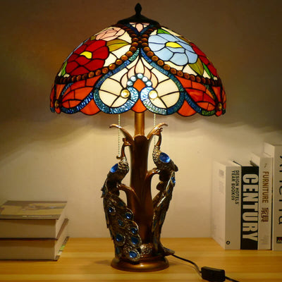 Vintage Tiffany Stained Glass Dome Peacock Base 2-Light Table Lamp