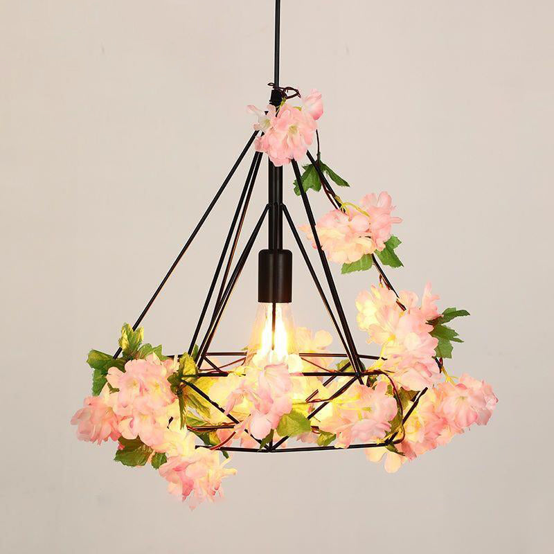 Luz colgante de 1 luz con hoja de sakura de diamante de vegetación simulada de cuerda de cáñamo de hierro retro contemporáneo para comedor 