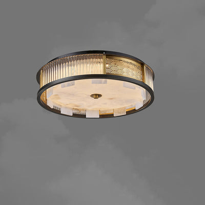 Traditional Chinese Luxury Marble Brass Round LED Flush Mount Ceiling Light For Living Room