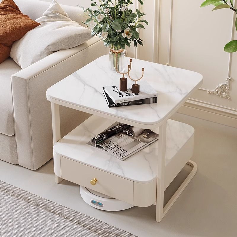 Mesa auxiliar contemporánea nórdica cuadrada de vidrio, metal y madera de 2 niveles para sala de estar 
