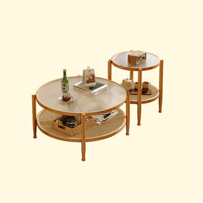 Traditioneller japanischer runder Glastisch aus Rattan und massivem Holz mit 2 Ebenen für das Wohnzimmer 