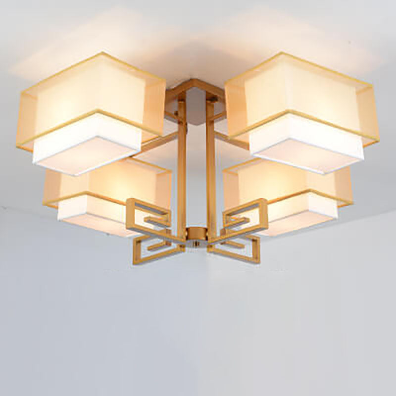 Modern Chinese Fabric Square Geometric Hardware 4-Light Semi-Flush Mount Ceiling Light