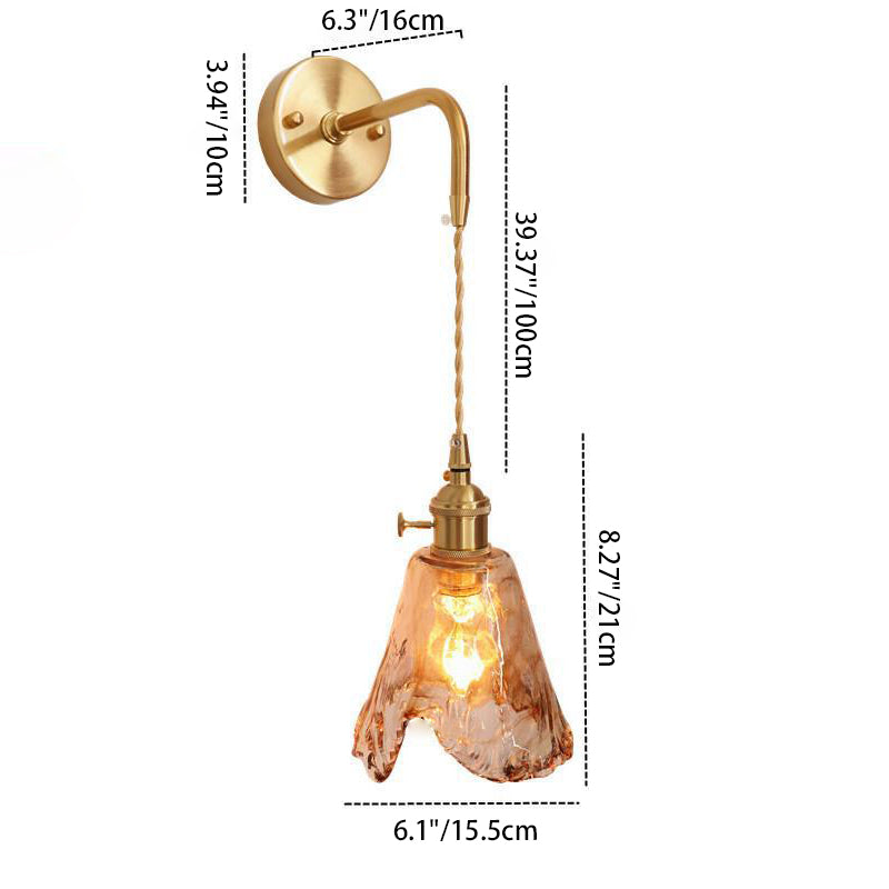 Modern Minimalist Eclectic Amber Glass Brass Iron Geometric 1-Light Wall Sconce Lamp For Living Room