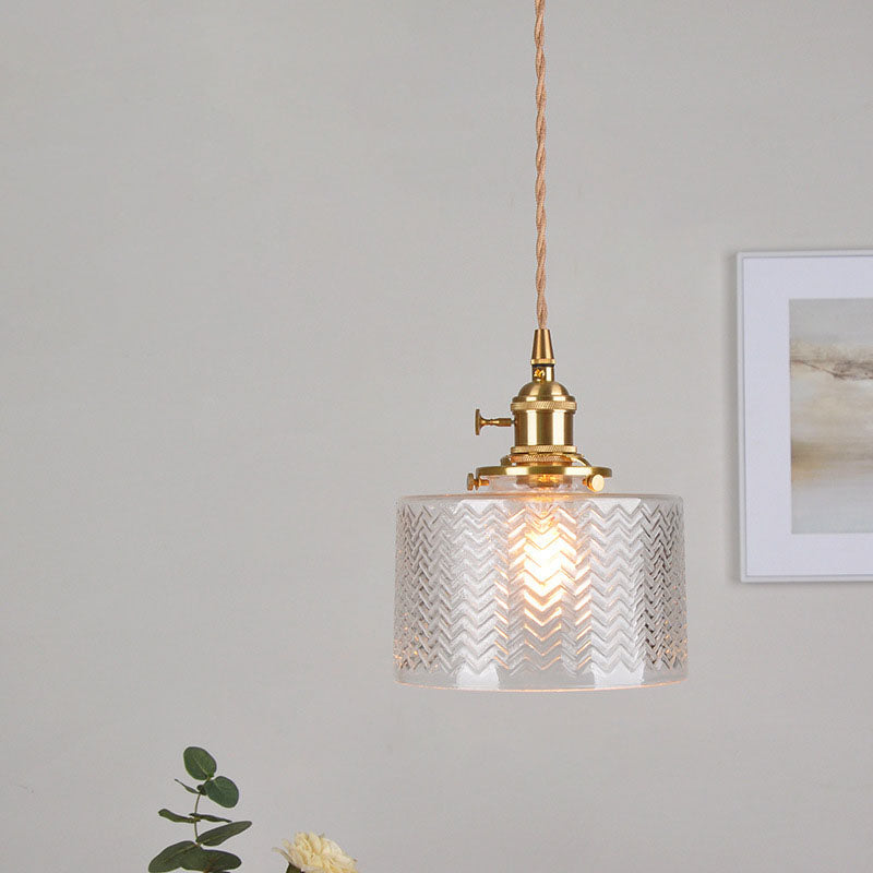 Suspension Luminaire à 1 Lumière pour Salon avec Abat-Jour Cylindrique en Verre Rainuré en Laiton Antique Traditionnel Vintage 