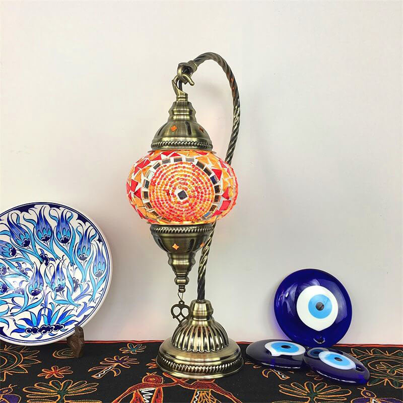 Traditional Vintage Handmade Stained Glass Metal Jar Swan 1-Light Table Lamp for Living Room