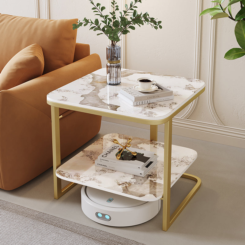 Modern Minimalist Square Sintered Stone Carbon Steel Side Table 2-Tier For Living Room