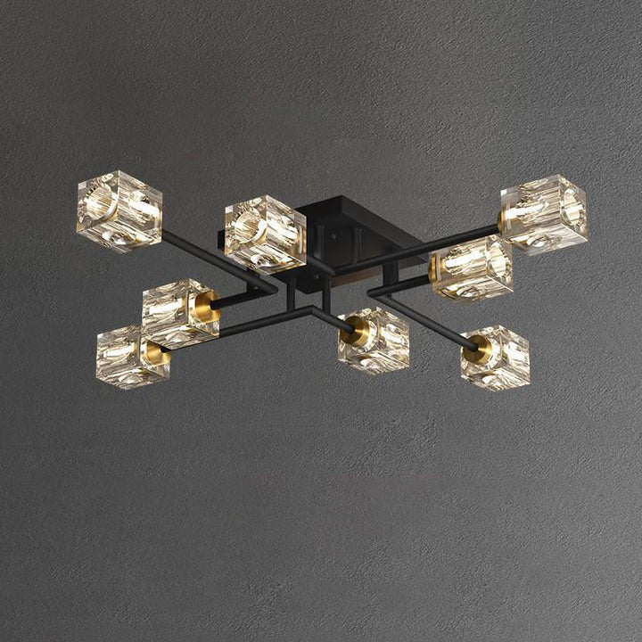 Luminaire de plafond semi-encastré contemporain de luxe branche rectangulaire en cuivre massif avec cristal 4/6/8 lumières pour salon 