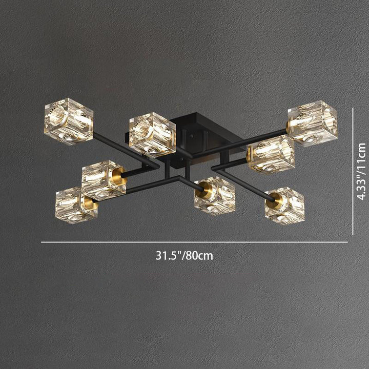 Luminaire de plafond semi-encastré contemporain de luxe branche rectangulaire en cuivre massif avec cristal 4/6/8 lumières pour salon 