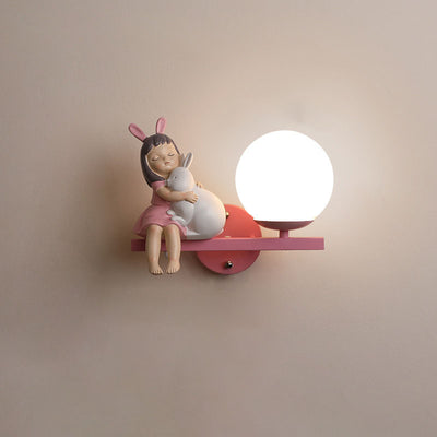 Contemporary Creative Kids Girls Unicorn Orb Resin Iron Glass 1-Light Wall Sconce Lamp For Bedroom