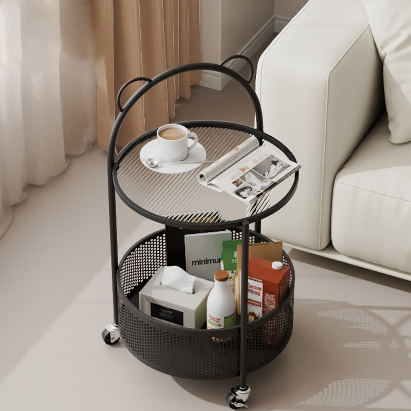 Mesa auxiliar móvil redonda de vidrio y hierro de estilo contemporáneo y sencillo con estantes de almacenamiento de 2 niveles para sala de estar 