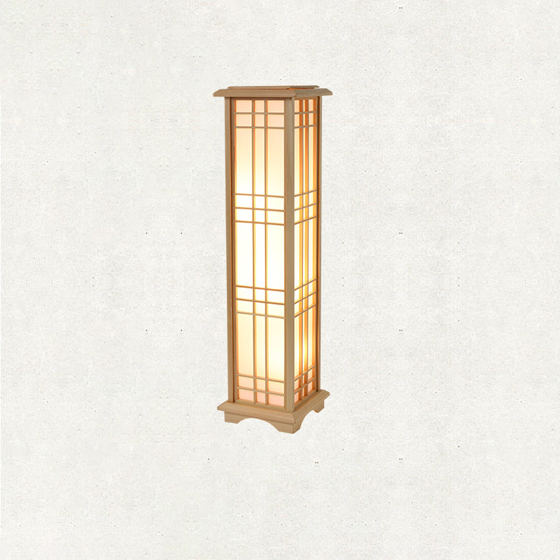 Traditional Japanese Wood Acrylic Pillar Rectangular 1/2/3 Light Standing Floor Lamp For Bedroom