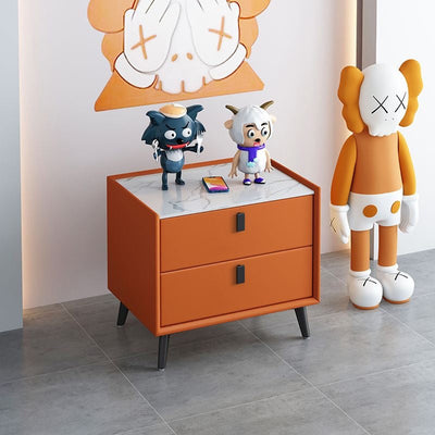 Table de nuit moderne en bois massif à dessus en pierre frittée cubique à 2 tiroirs pour chambre à coucher 