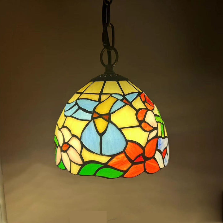 Suspension à 1 lumière en verre teinté zinc baroque pétunia en forme de dôme rond traditionnel Tiffany pour salon 