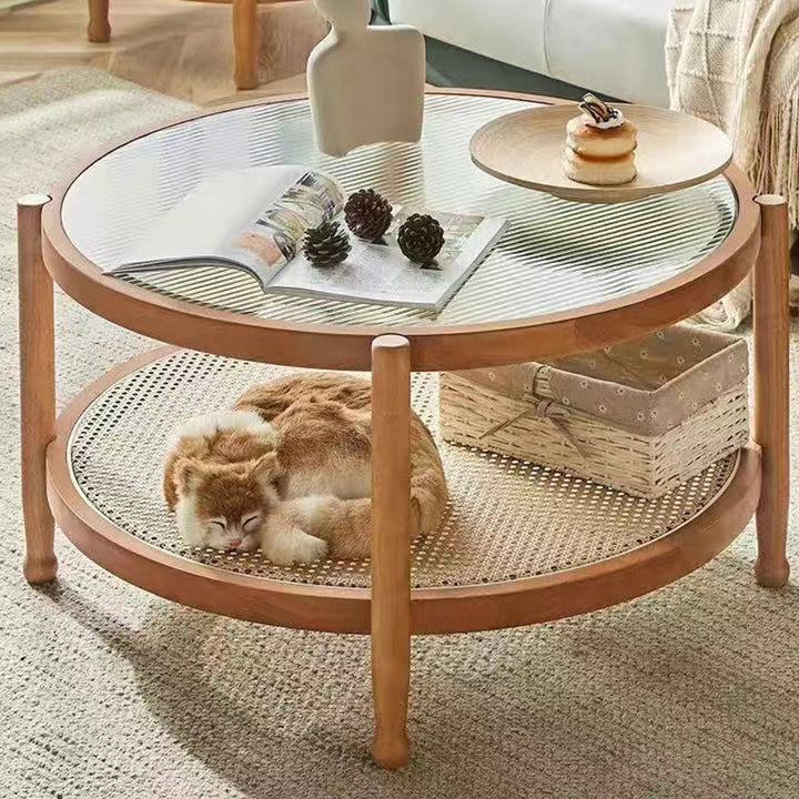Table basse ronde minimaliste moderne en hévéa avec plateau en verre et faux rotin, à 2 niveaux, pour salon 