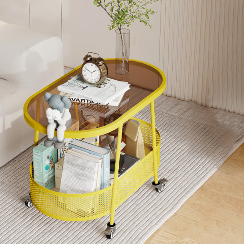 Mesa Auxiliar Rectangular de Hierro y Vidrio Minimalista Moderna de 2 Niveles para Sala de Estar 