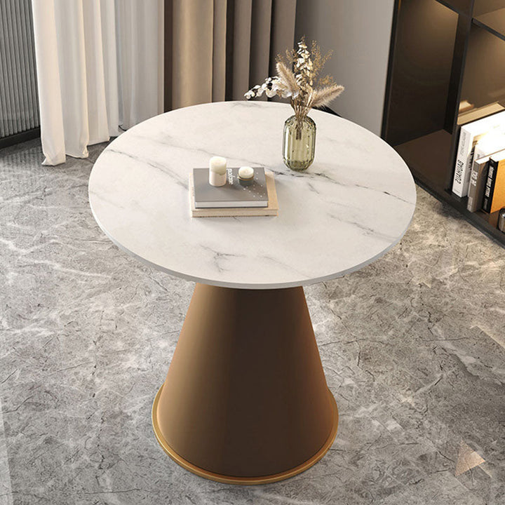 Table basse contemporaine de luxe avec plateau rond en pierre frittée et base en métal pour salon 