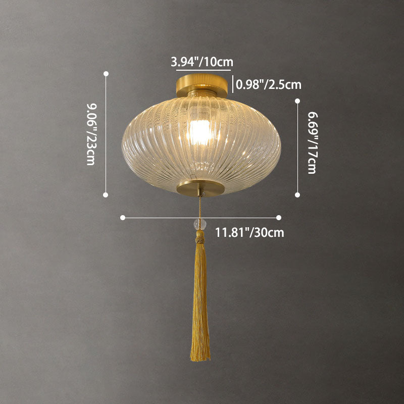 Traditionelle chinesische Laterne, sphärisches Kupferglas, 1-flammig, halbbündige Deckenleuchte für Schlafzimmer 