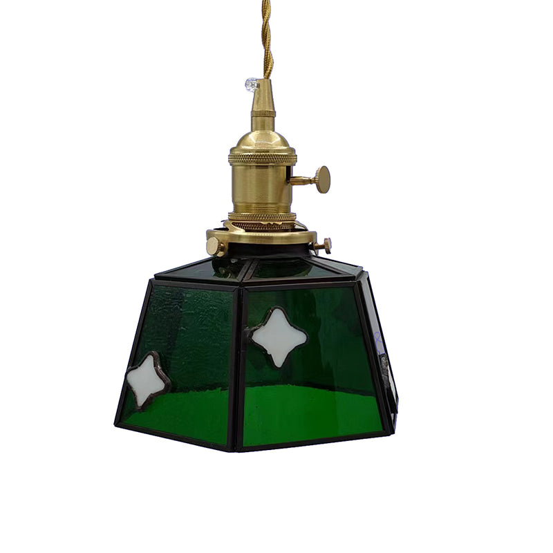 Lustre suspendu traditionnel vintage en laiton, verre, cylindre quadripartite, corne, treillis, à 1 lumière pour salle à manger 