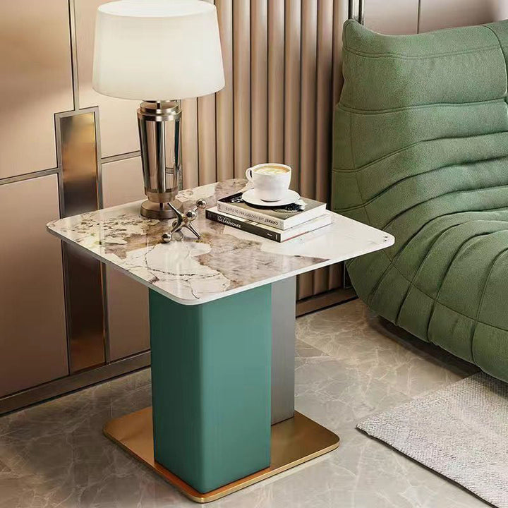 Contemporary Scandinavian Square Column Slate Microfiber Leather Wood Carbon Steel End Table For Living Room