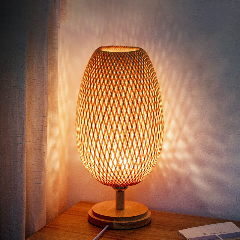 Traditional Chinese Moso Bamboo Wood Iron Weaving Oval Round 1-Light Table Lamp For Bedroom