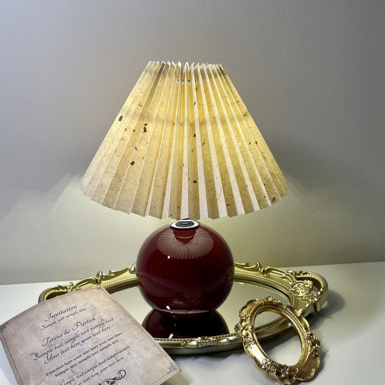 Modern Minimalist Round Fabric Pleated Ceramic 1-Light Table Lamp For Bedroom