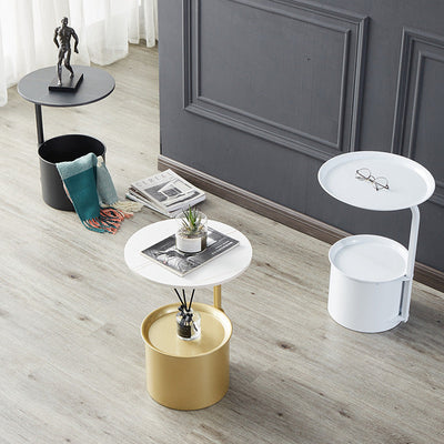 Table d'appoint moderne minimaliste ronde en fer avec plateau en pierre - 1 rangement pour salon 