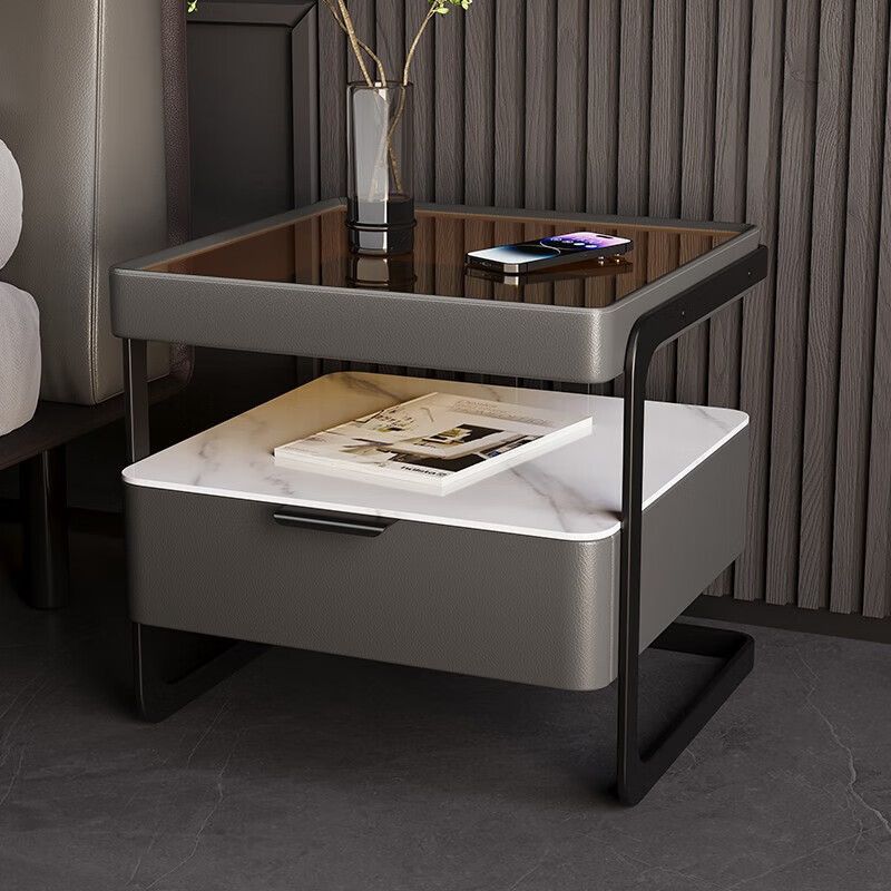 Table de nuit moderne minimaliste rectangulaire en verre renforcé avec dalle de roche et fer, 1 tiroir pour chambre à coucher 