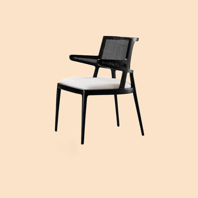 Silla de comedor de madera tapizada en cuero de microfibra cuadrada retro contemporánea con respaldo de ratán para comedor 