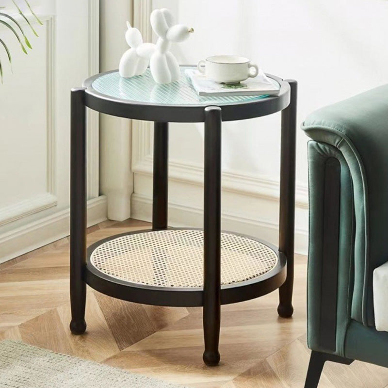 Modern Minimalist Round Horizontal Strip Glass Plastic Rattan Rubberwood Coffee Table 2-Tier For Living Room