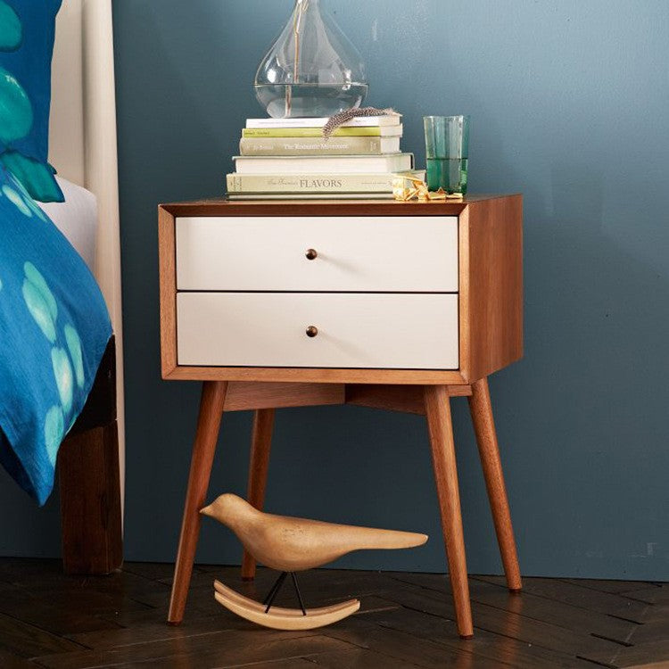 Contemporary Nordic Rectangular Wood Side Table 2-Drawer For Living Room