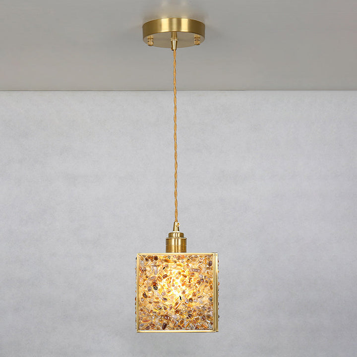 Suspension Luminaire 1-Lumière Moderne de Luxe Carré Cube Cadre en Or Cuivre Abat-jour en Verre Pour Salon 