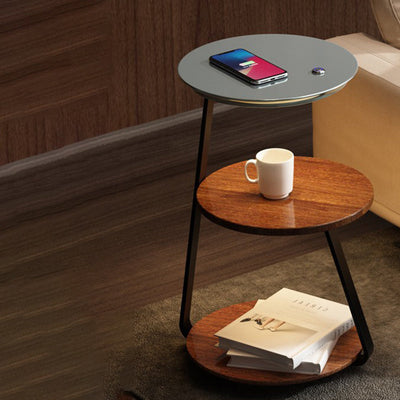 Table de chevet contemporaine nordique ronde en noyer et marbre avec fer, charge sans fil pour téléphone mobile, 2 niveaux pour le chevet 