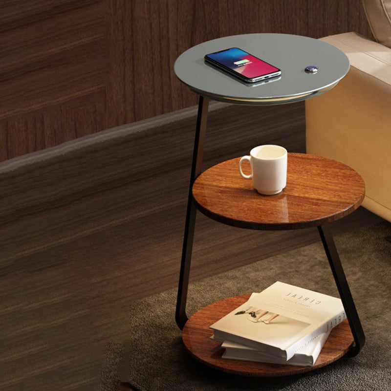 Table de chevet contemporaine nordique ronde en noyer et marbre avec fer, charge sans fil pour téléphone mobile, 2 niveaux pour le chevet 