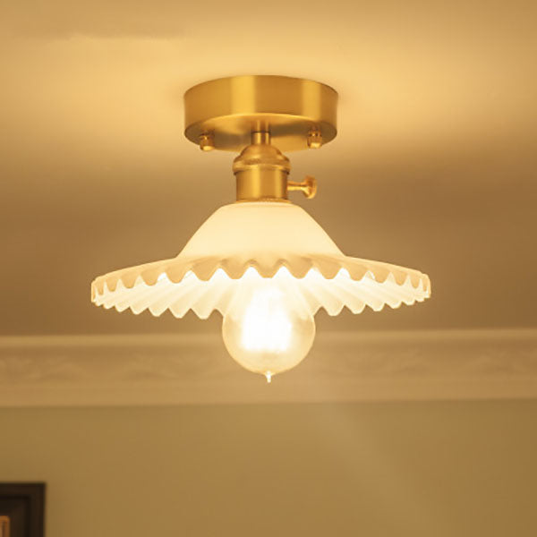 Traditional Vintage Round Ripple Brass Glass 1-Light Semi-Flush Mount Ceiling Light For Living Room