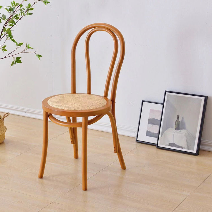 Contemporary Retro Faux Rattan Rubberwood Round Arched Dining Chair Backrest For Dining Room