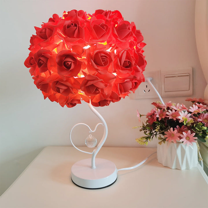 Modern Art Deco Fabric Rose Flower Hardware Base 1-Light Table Lamp For Bedroom