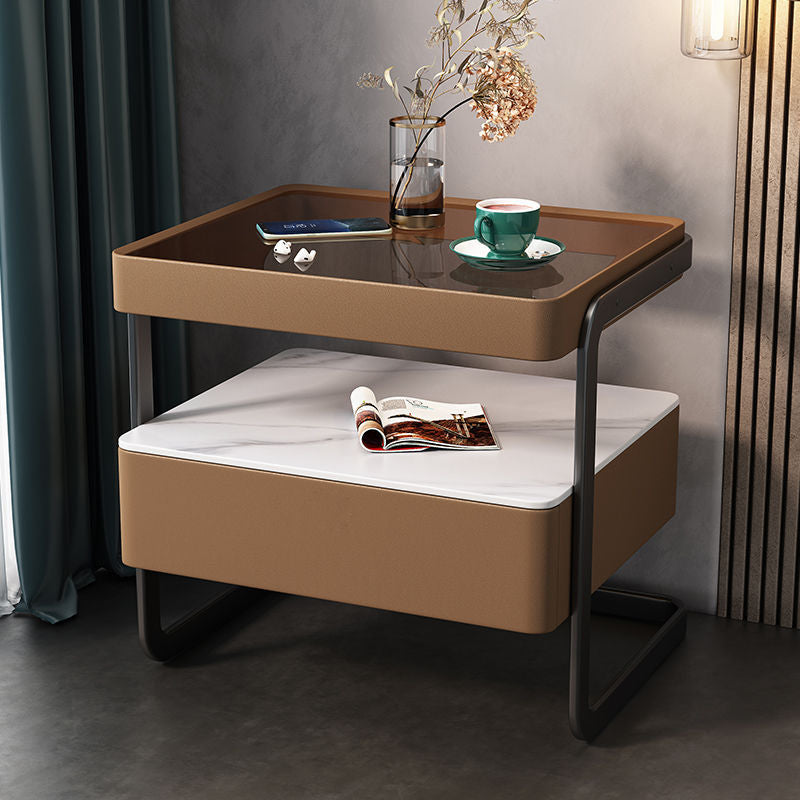Table de nuit moderne minimaliste rectangulaire en verre trempé avec serrure et 1 tiroir pour chambre 