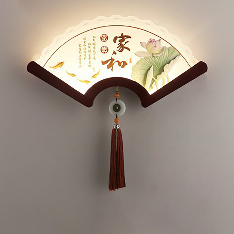 Aplique de pared LED con pantalla de elementos de planta acrílicos festoneados tradicionales chinos y borde de madera para sala de estar 