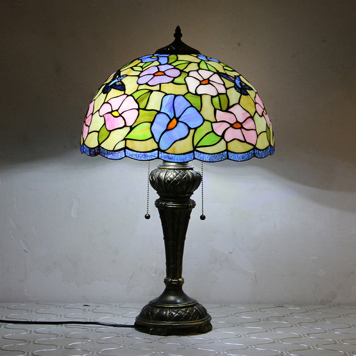 Traditional Tiffany Resin Glass Dome Hemispheric Flower 2-Light Table Lamp For Bedside