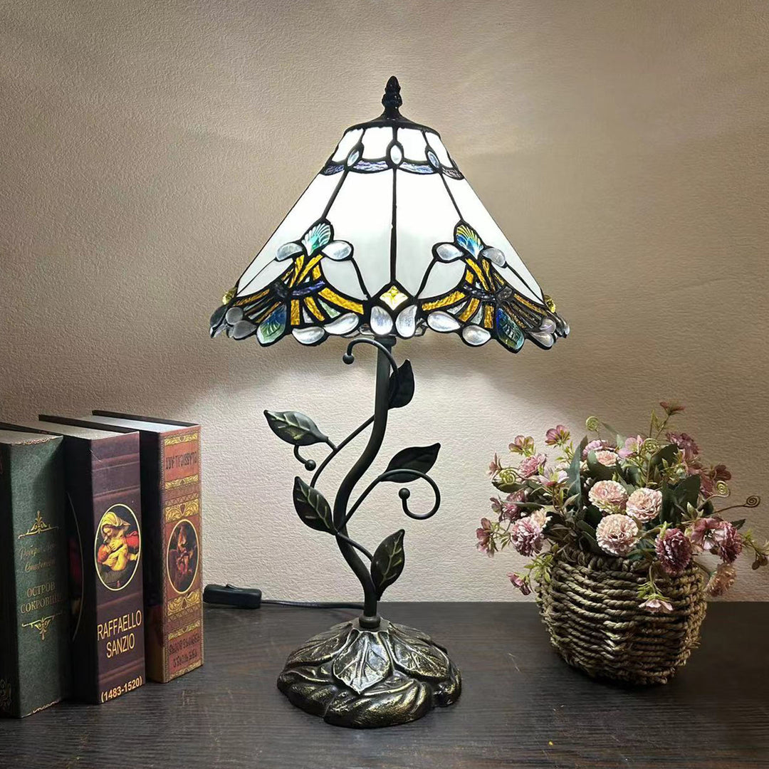 Lampe de table traditionnelle Tiffany en résine avec dôme conique et motif de fleurs et feuilles à 1 lumière pour chevet 