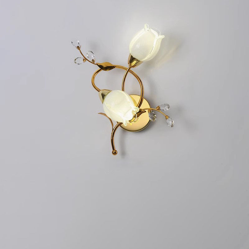 Modern Art Deco Flower Hardware Glass Crystal 2-Light Wall Sconce Lamp For Living Room