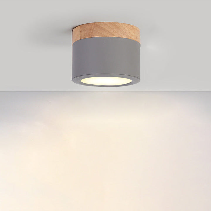 Luz de techo LED de montaje empotrado de cilindro de madera, hierro y acrílico escandinavo contemporáneo para pasillo 